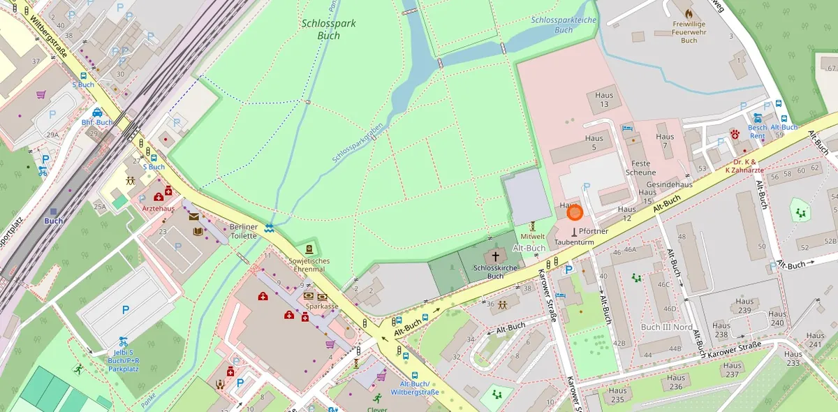 Kartenausschnitt Berlin-Buch mit Markierung der Kanzlei Krebs & Behr, Alt-Buch 45